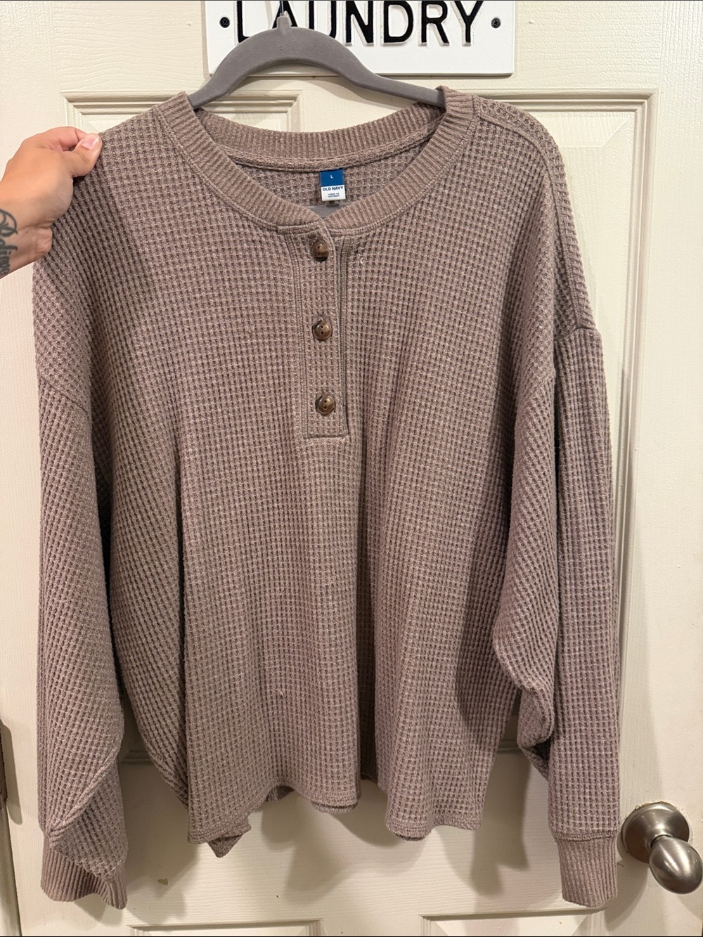 Old Navy Taupe Waffle Henley Sweater